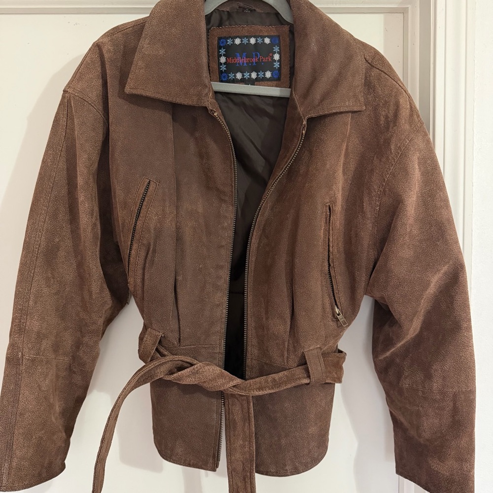 Vintage Women's Brown Leather Suede Jacket with Waist Belt
